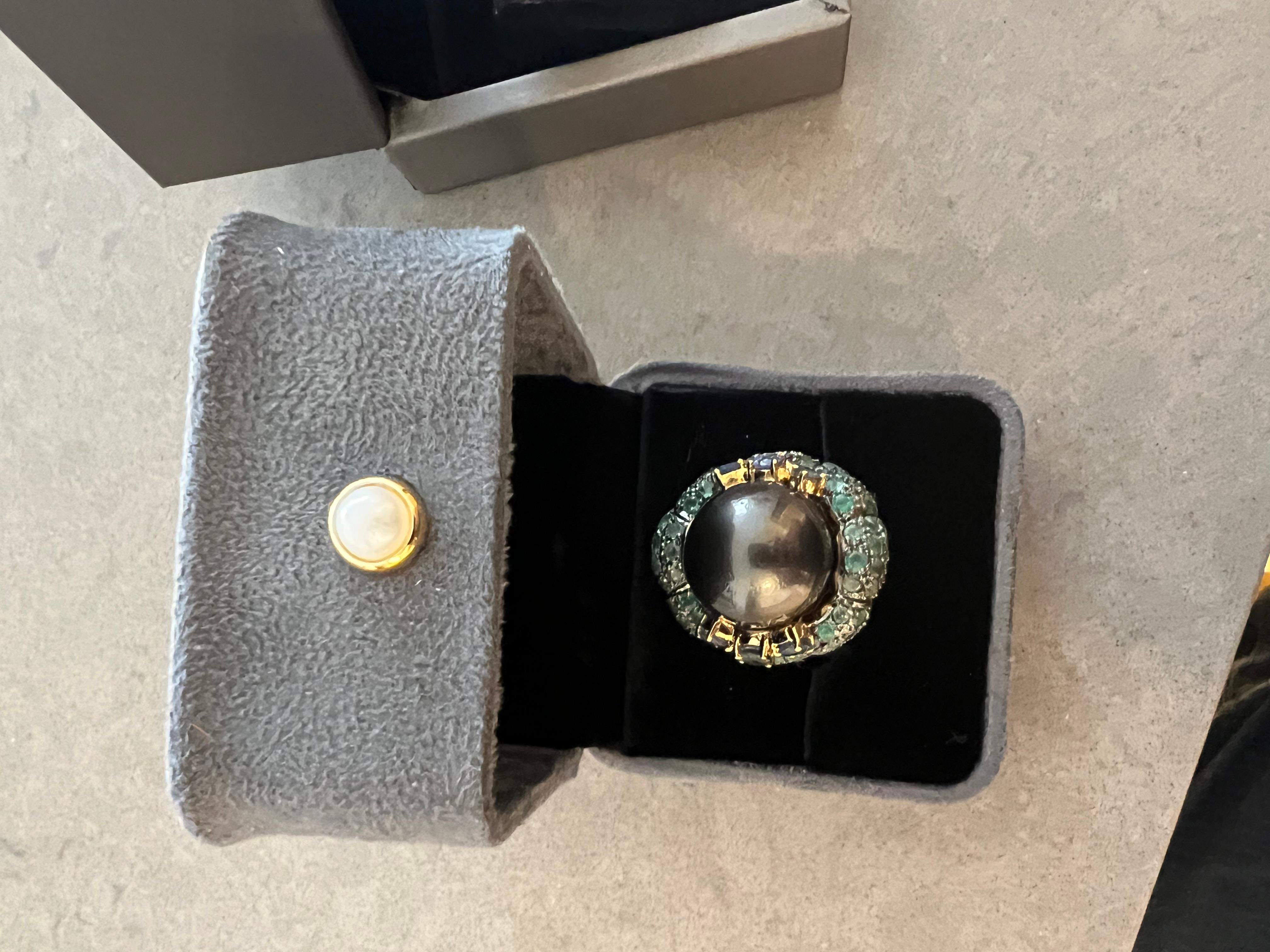 Women's Bochic “Orient” Tahiti South Sea & Multi Sapphire Cluster Ring Set 18K & Silver For Sale