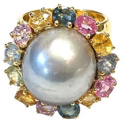 Bochic “Orient” Tahiti South Sea & Multi Sapphire Cluster Ring Set 18K & Silver