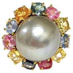 Bochic "Orient" Tahiti Südsee & Multi Saphir Cluster Ring Set 18K & Silber