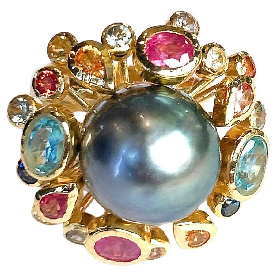 Bochic “Orient” Tahiti South Sea & Multi Sapphire Cluster Ring Set 18K & Silver