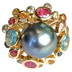 Bochic “Orient” Tahiti South Sea & Multi Sapphire Cluster Ring Set 18K & Silver