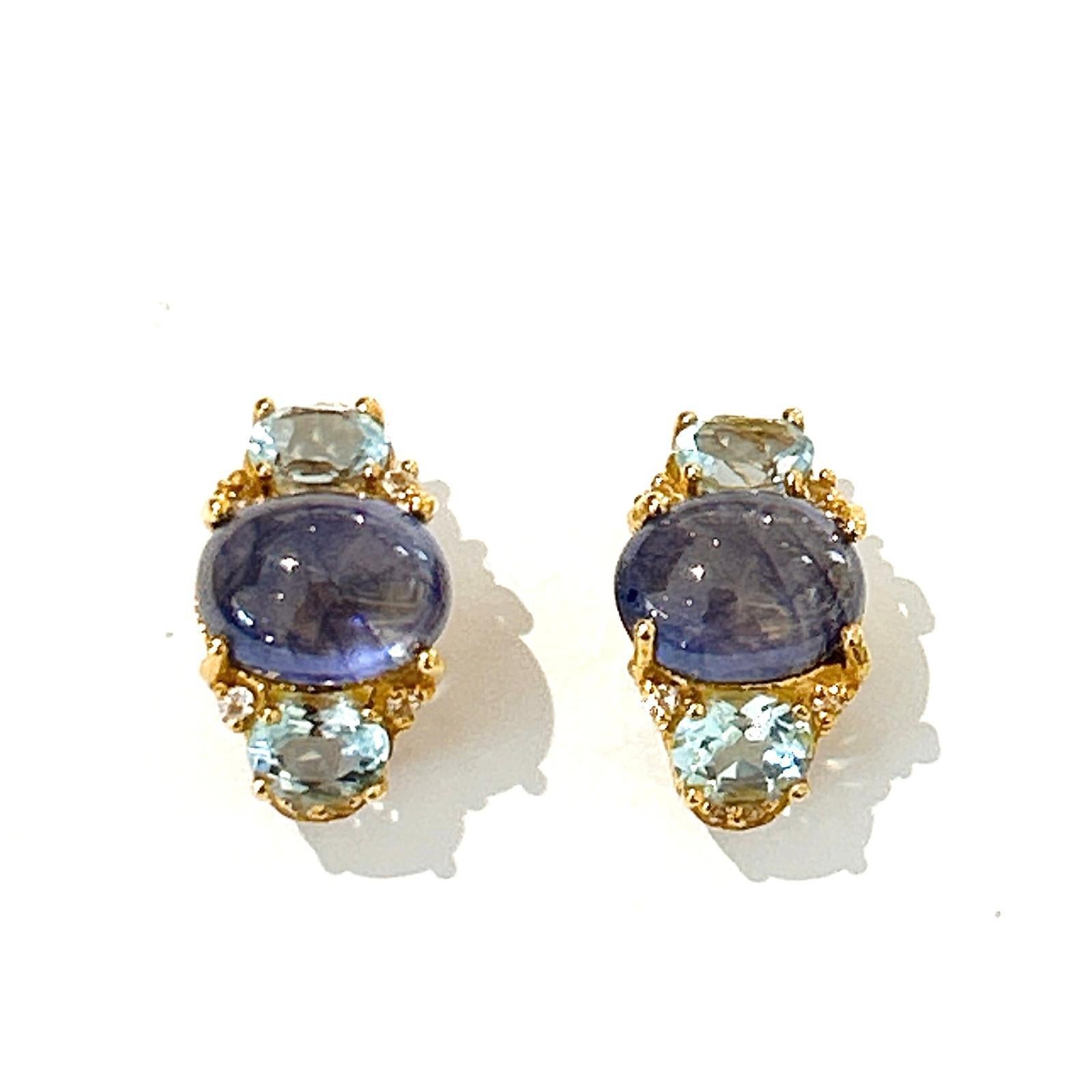 Bochic “Orient” Tanzanite & Blue Topaz Earrings Set In 18K Gold & Silver In New Condition For Sale In New York, NY