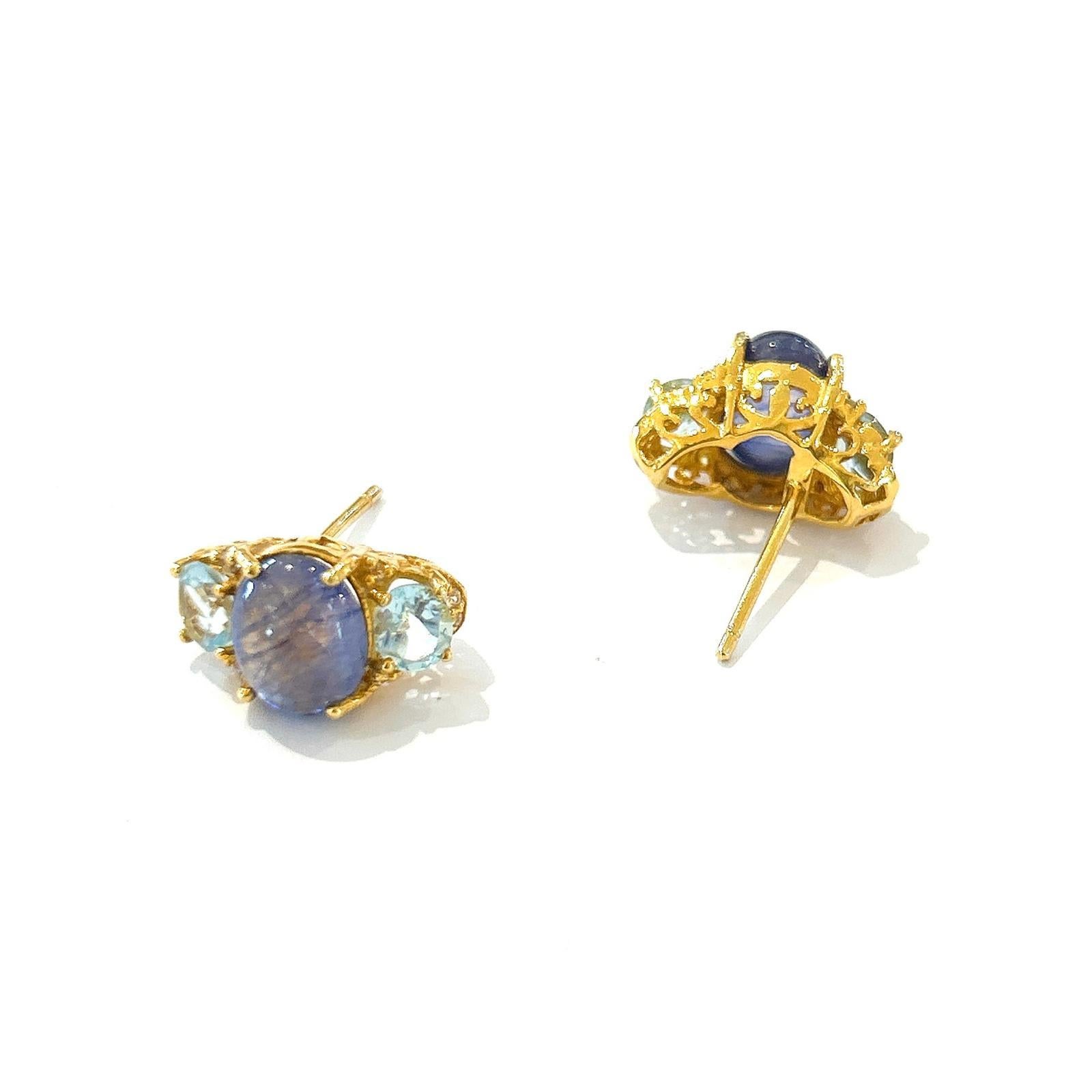 Women's or Men's Bochic “Orient” Tanzanite & Blue Topaz Earrings Set In 18K Gold & Silver For Sale