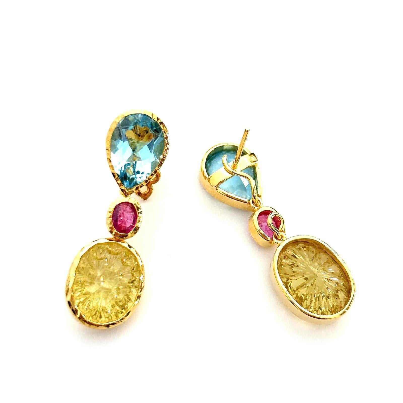 Art Nouveau Bochic “Orient” Topaz, Ruby & Lemon Quartz  Earrings Set In 18K & Silver  For Sale