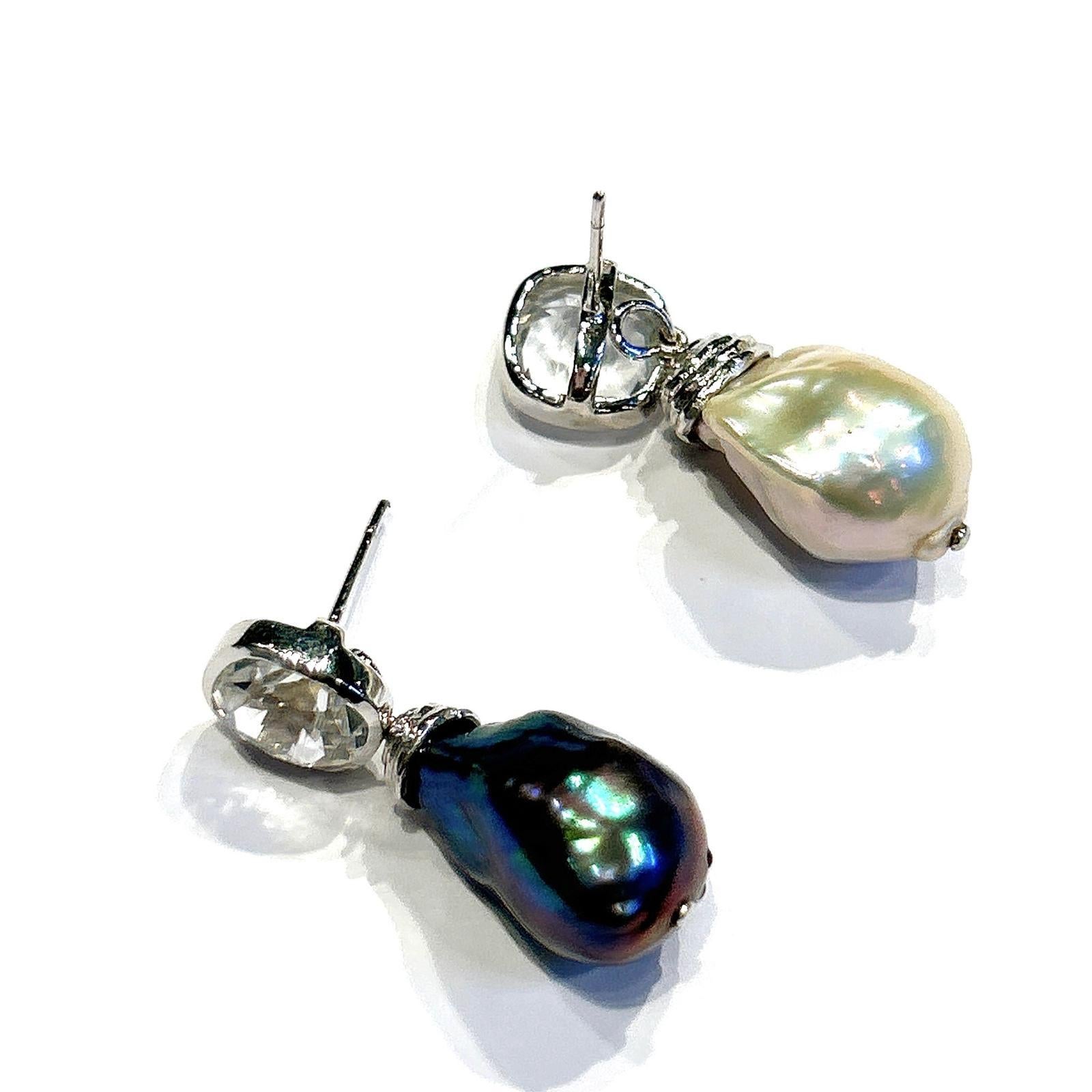 Baroque Bochic “Orient” Topaz & White South Pearls Earrings set 18K White Gold & Silver For Sale