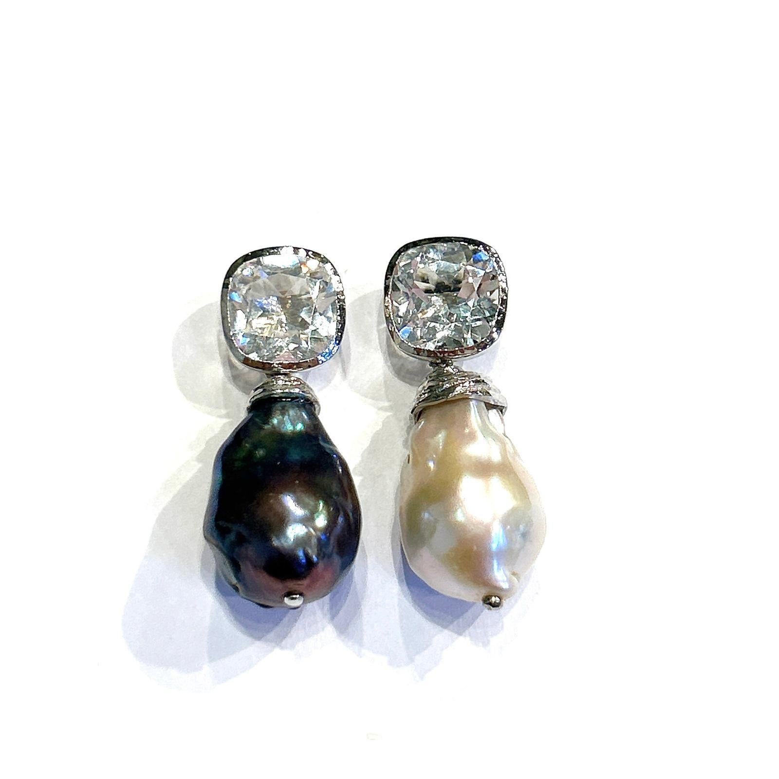 Bochic “Orient” Topaz & White South Pearls Earrings set 18K White Gold & Silver For Sale 3