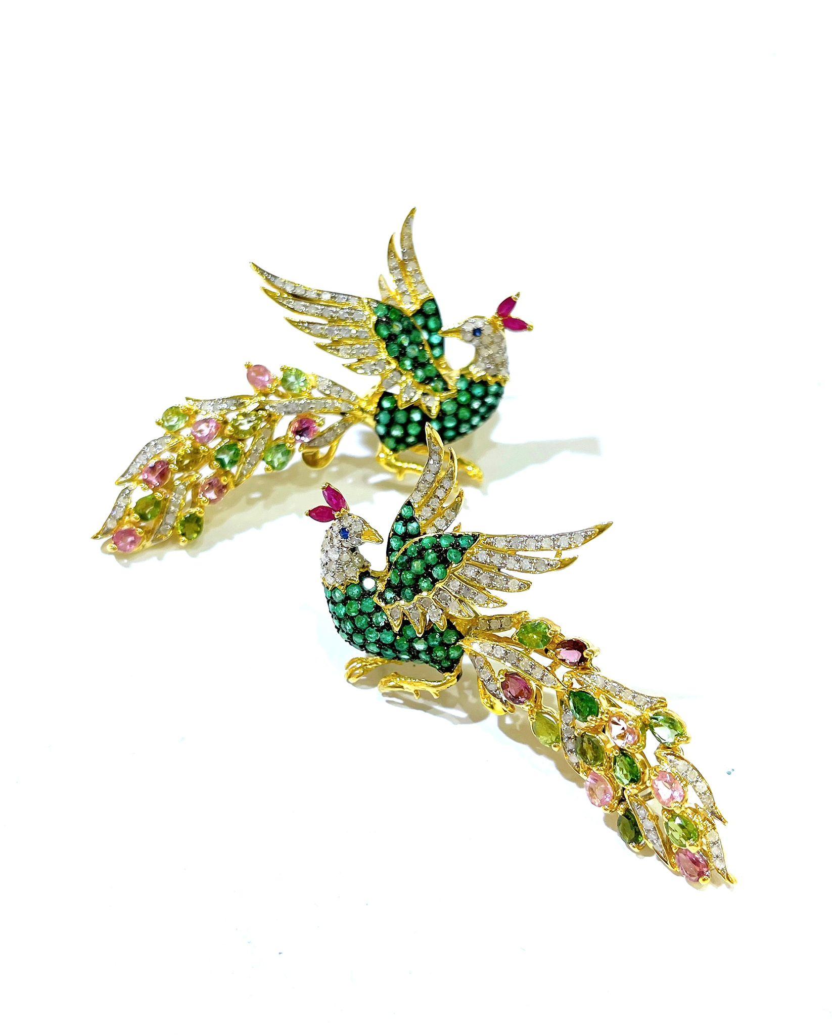 Belle Époque Bochic “Orient” Tsavorite, Diamonds & Tourmaline Earrings Set 18K Gold & Silver For Sale