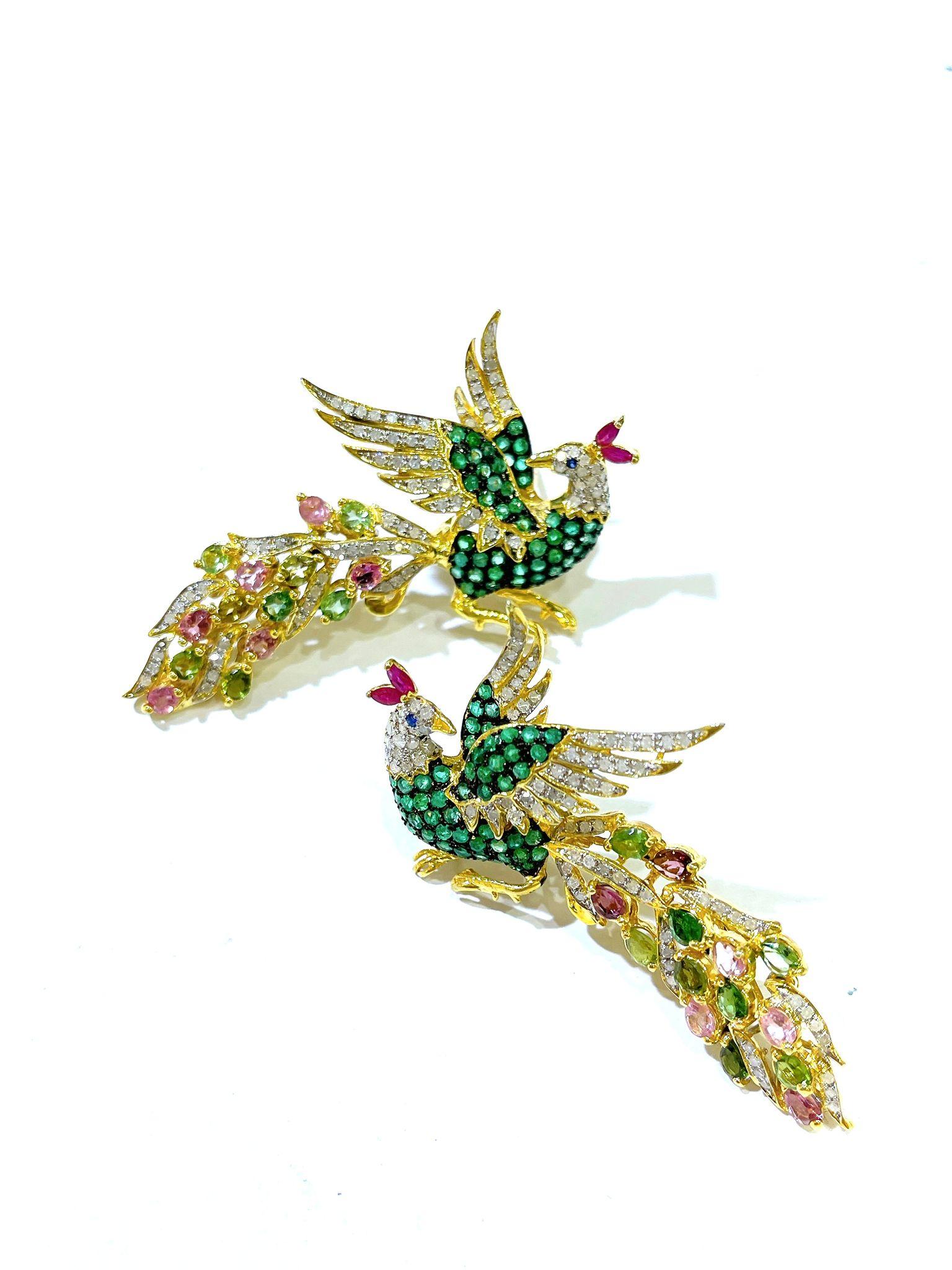 Women's or Men's Bochic “Orient” Tsavorite, Diamonds & Tourmaline Earrings Set 18K Gold & Silver For Sale
