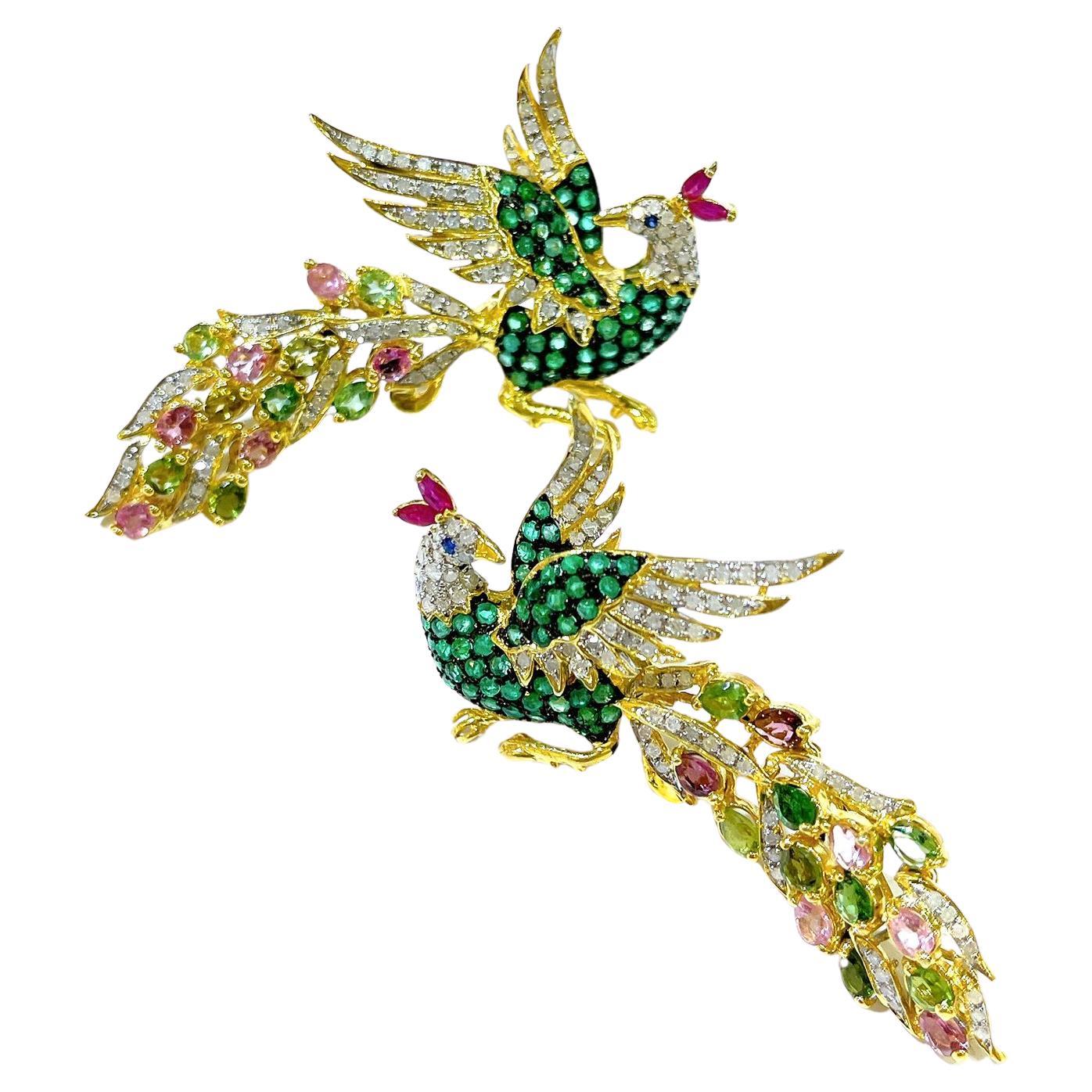 Juego de pendientes Bochic "Orient" de tsavorita, diamantes y turmalina Oro de 18 quilates y plata
