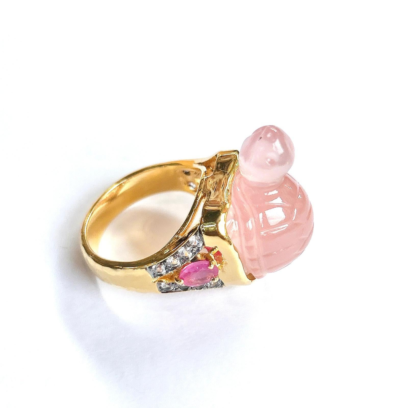 Brilliant Cut Bochic “Orient” Turtle Rose Quartz, Diamond & Ruby Ring In 18K Gold & Silver For Sale