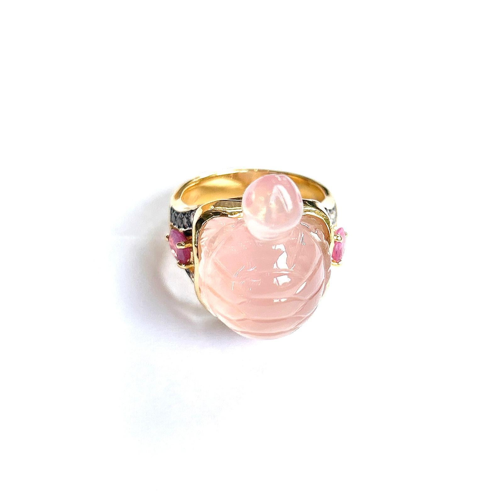 Bochic “Orient” Turtle Rose Quartz, Diamond & Ruby Ring In 18K Gold & Silver In New Condition For Sale In New York, NY