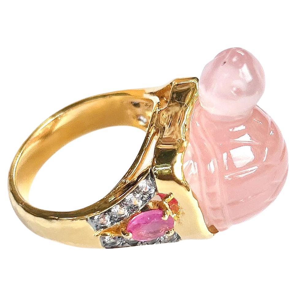 Bochic “Orient” Turtle Rose Quartz, Diamond & Ruby Ring In 18K Gold & Silver For Sale