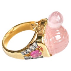 Bague Bochic Orient Turtle Rose Quartz, diamant et rubis en or et argent 18 carats