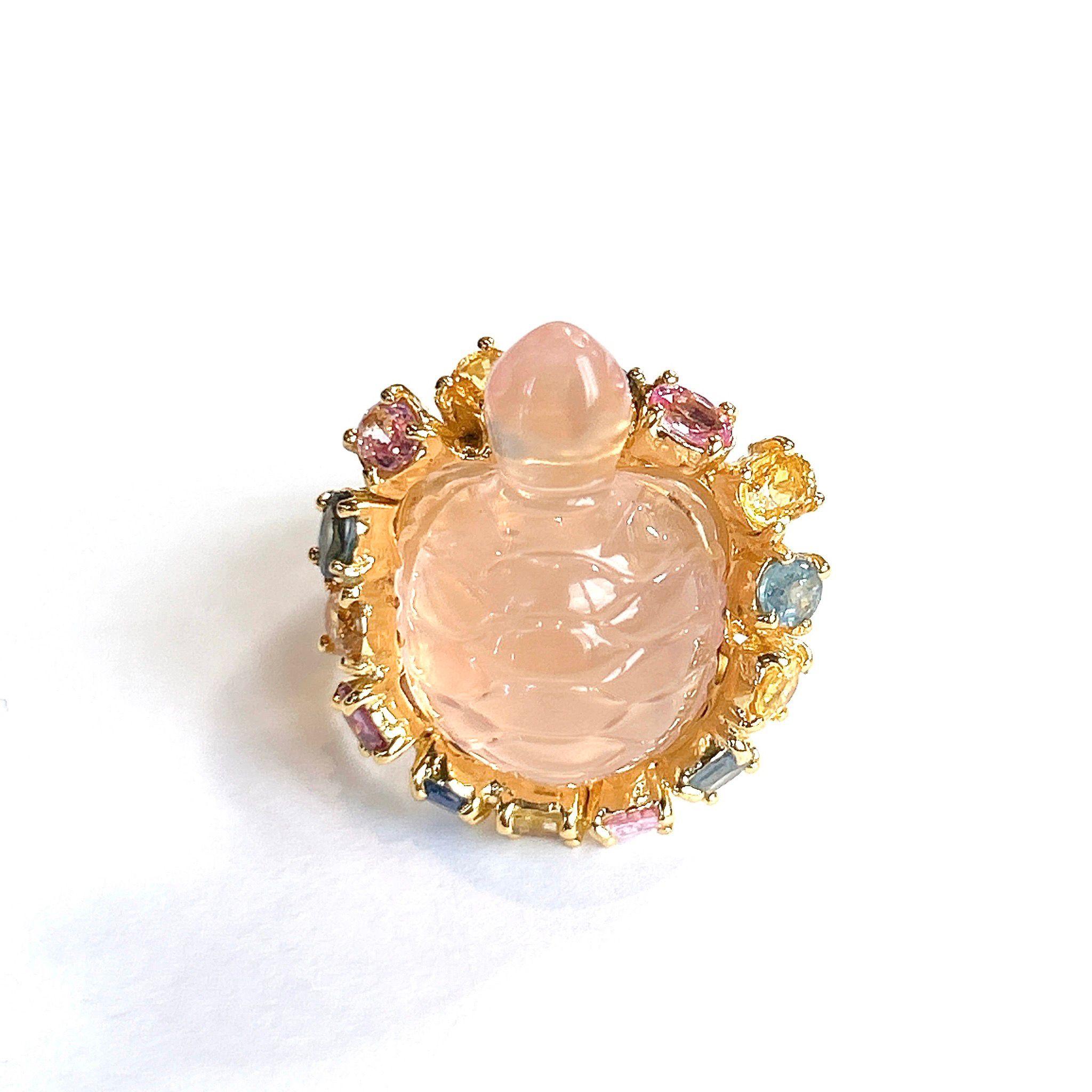 Baroque Bochic “Orient” Turtle Rose Quartz & Sapphires Ring Set In 18K Gold & Silver For Sale