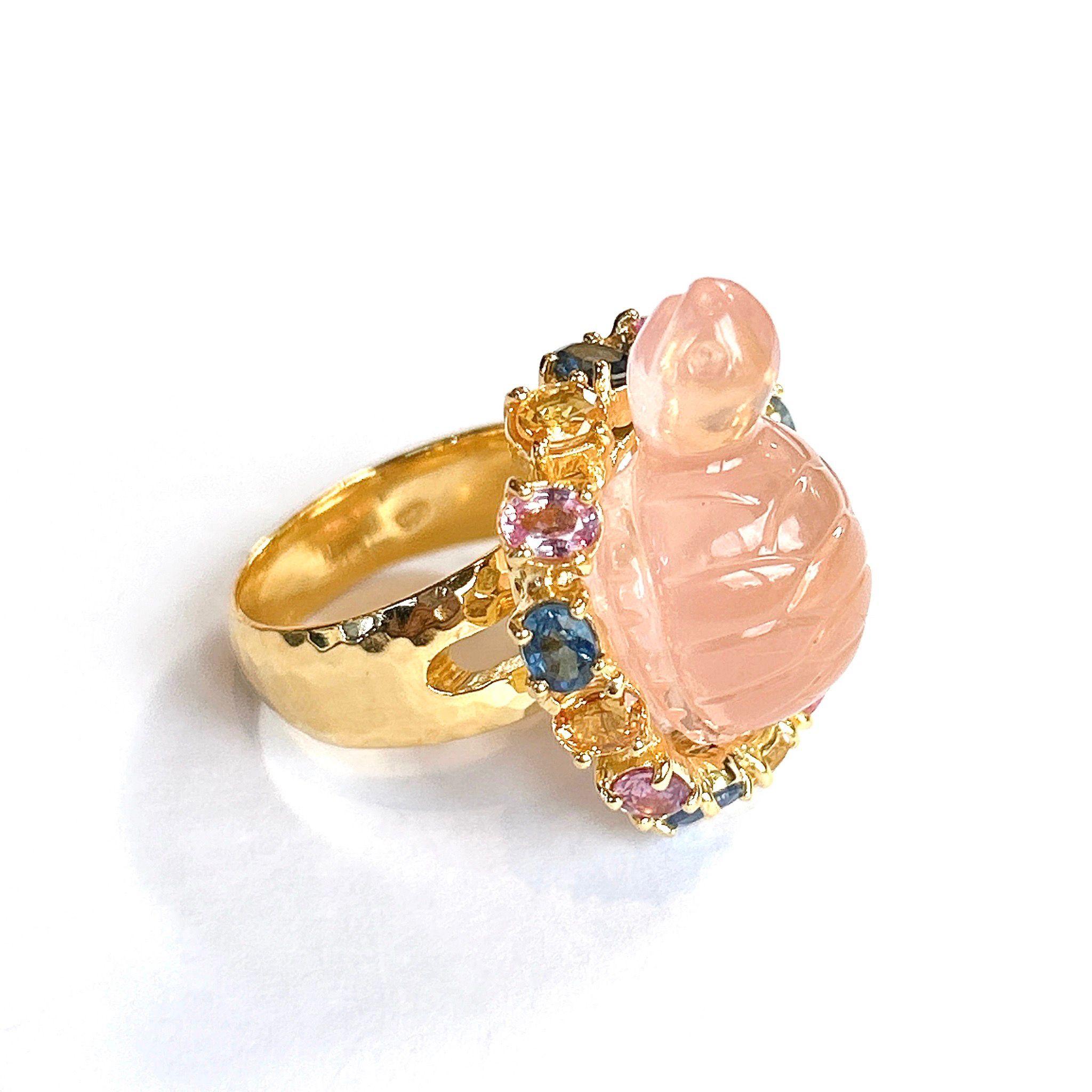 Brilliant Cut Bochic “Orient” Turtle Rose Quartz & Sapphires Ring Set In 18K Gold & Silver For Sale