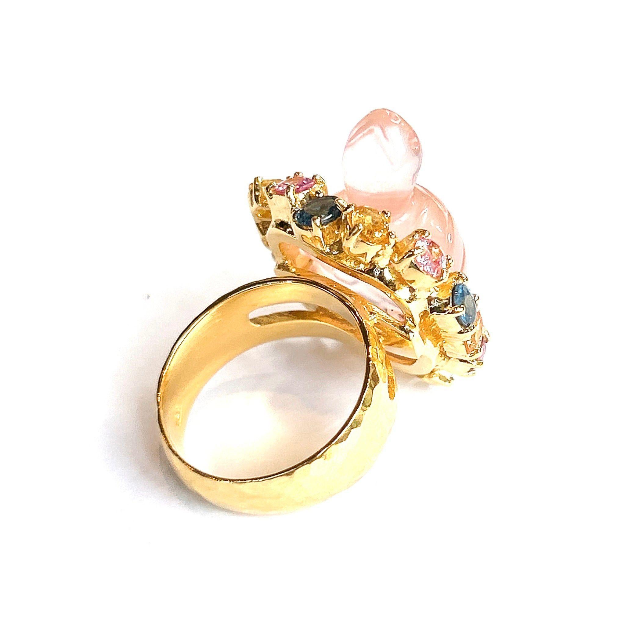 Bochic “Orient” Turtle Rose Quartz & Sapphires Ring Set In 18K Gold & Silver In New Condition For Sale In New York, NY