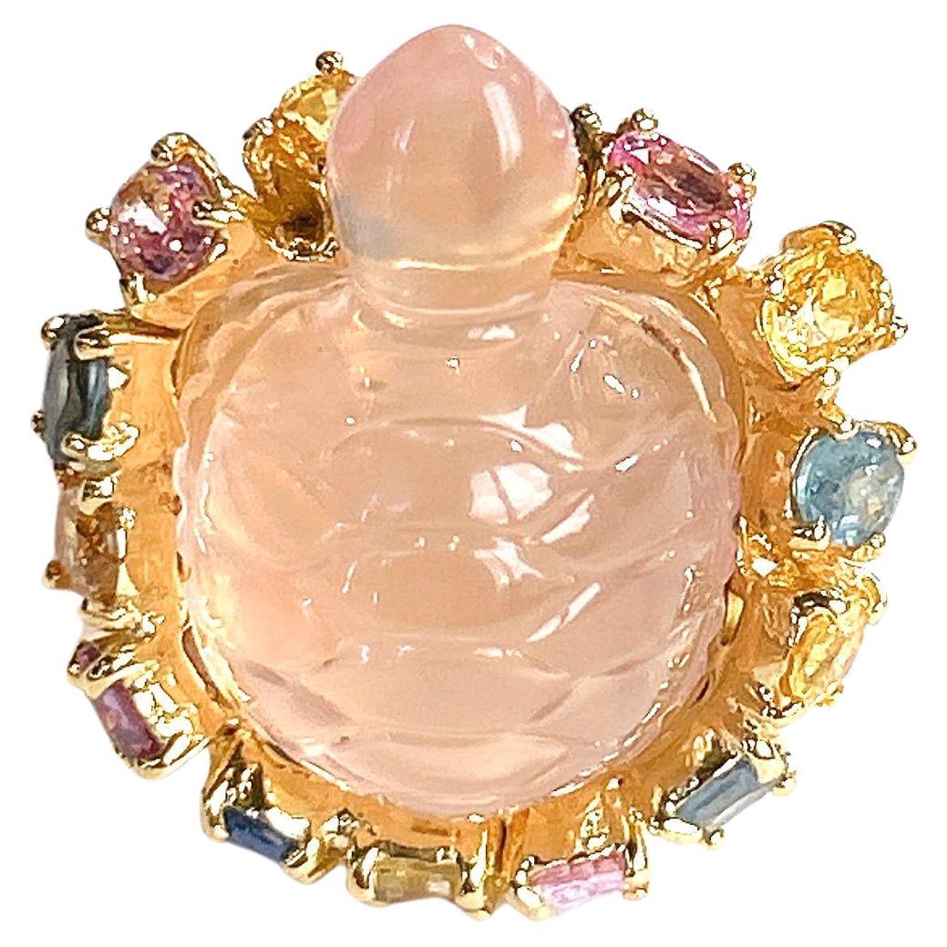 Bochic “Orient” Turtle Rose Quartz & Sapphires Ring Set In 18K Gold & Silver