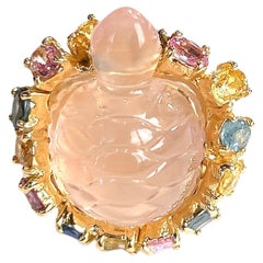 Bague Bochic Orient Turtle Rose Quartz & Saphirs sertie en or et argent 18 carats