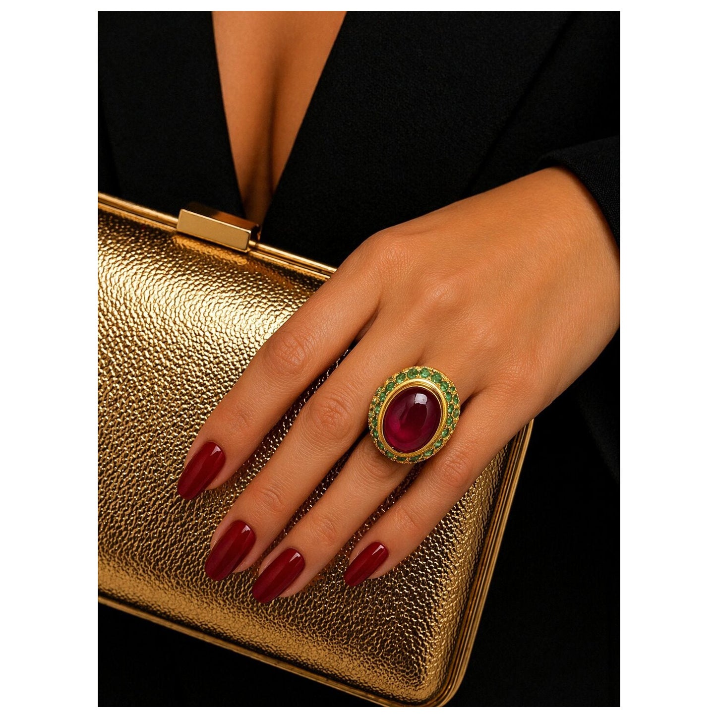 Bochic “Orient” Vimtage Emerald & Ruby Cocktail Ring Set In 18K Gold & Silver For Sale