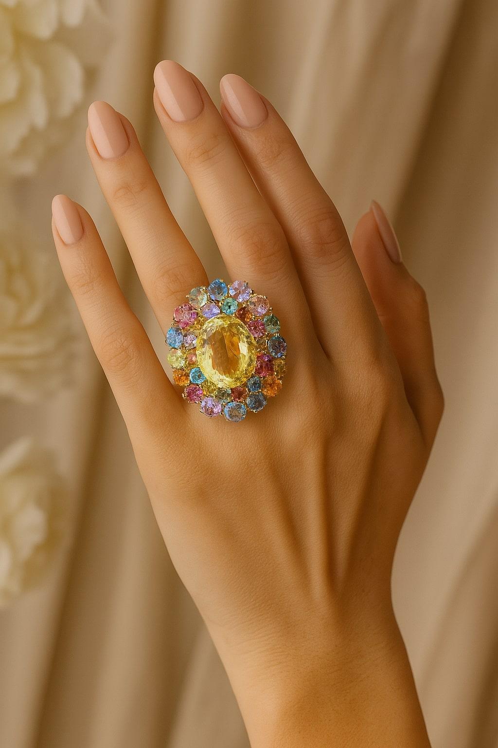Bochic “Orient” Vintage Amethyst, Lemon Quartz & Citrine Ring Set In 18K Gold & For Sale 9