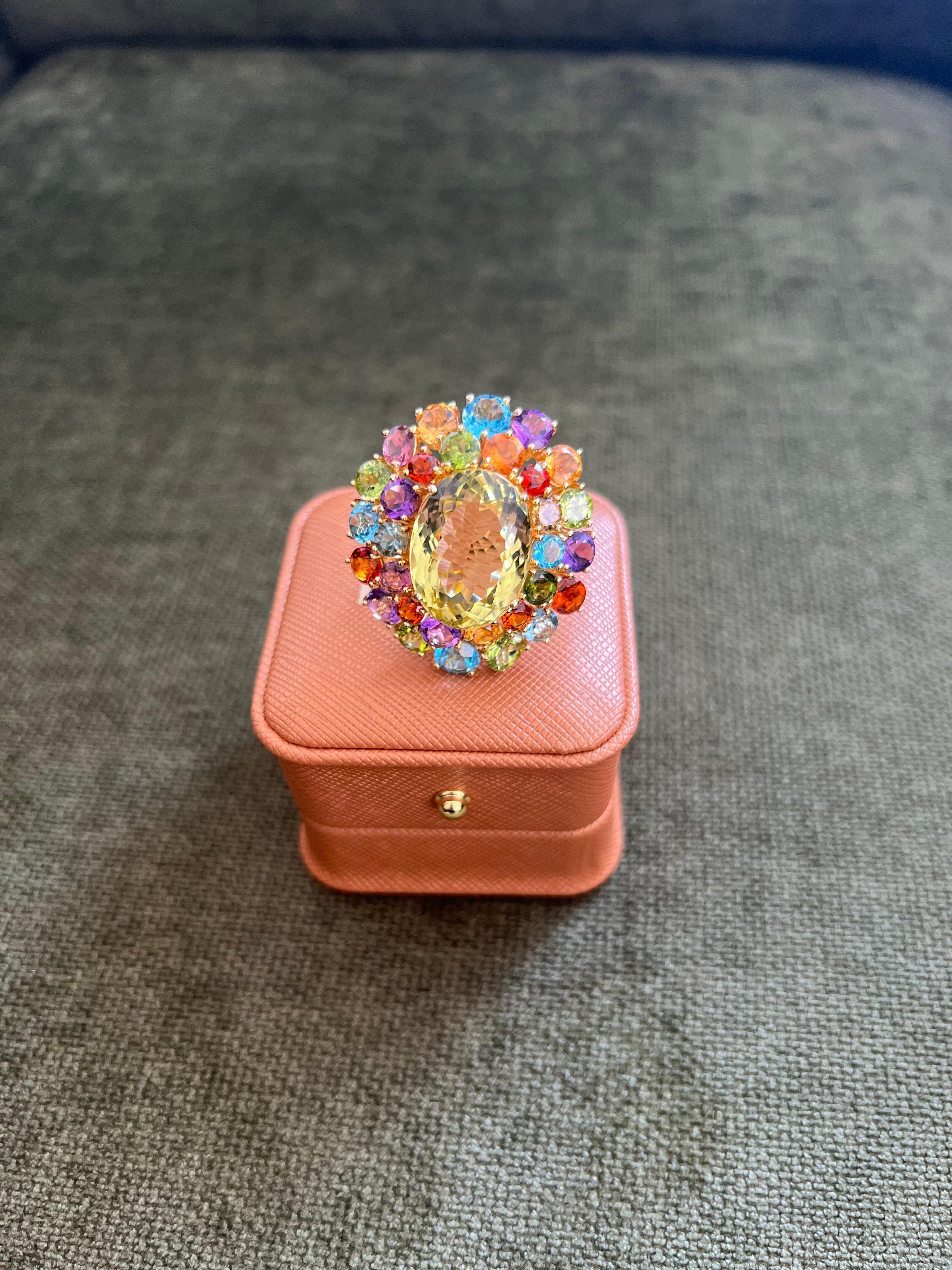 Bochic “Orient” Vintage Amethyst, Lemon Quartz & Citrine Ring Set In 18K Gold & Silver 

Natural Lemon Quartz  - 19.50 Carat 
Natural Round Brilliant Cut Amethyst, Blue Topaz and Citrine 
22.00 Carat

This Ring is from the 