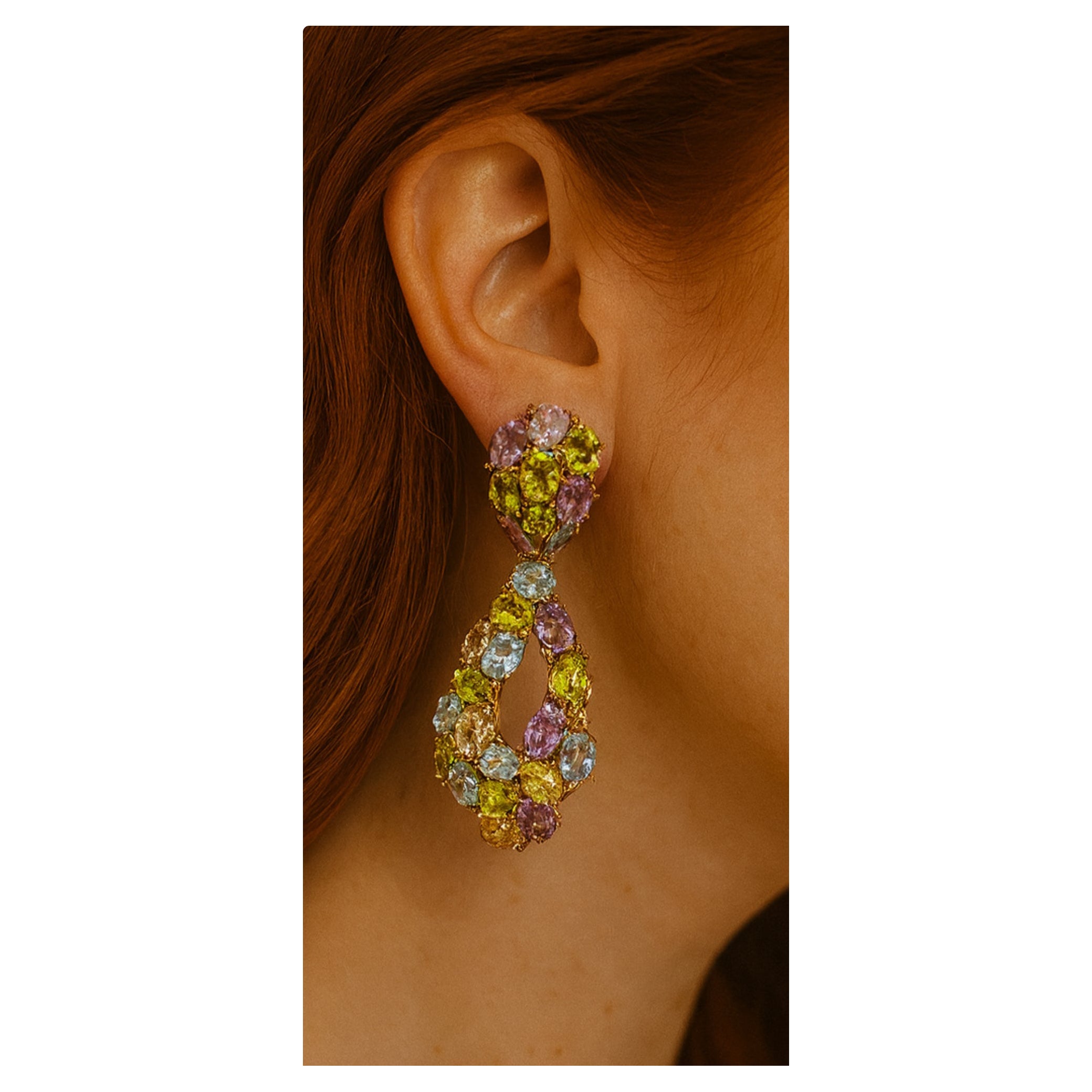 Bochic “Orient” Vintage Amethyst, Peridot & Citrine  Earrings Set 18K Gold&Silv
