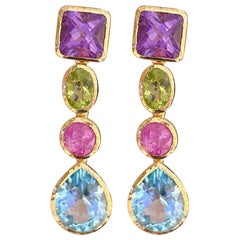 Bochic "Orient" Set di orecchini vintage con ametista, peridoto, rubino e topazio in oro 18 carati