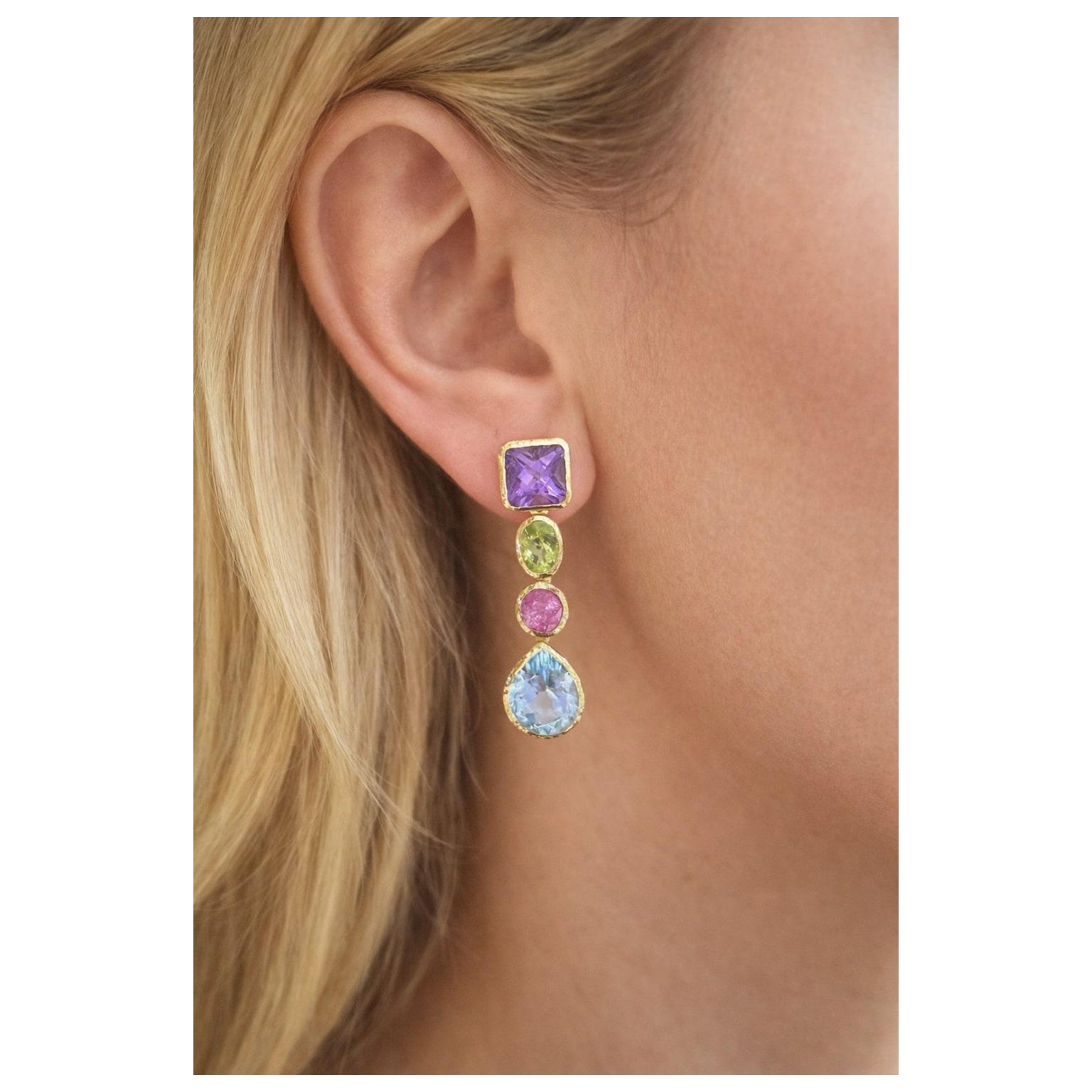 Bochic “Orient” Vintage Amethyst, Peridot, Ruby 
Topaz Earrings Set 18K Gold For Sale