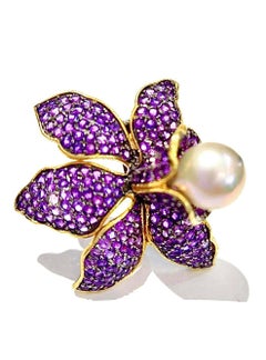 Bochic “Orient” Vintage Amethyst & White South Sea Pearl Ring – 18K Gold over Si