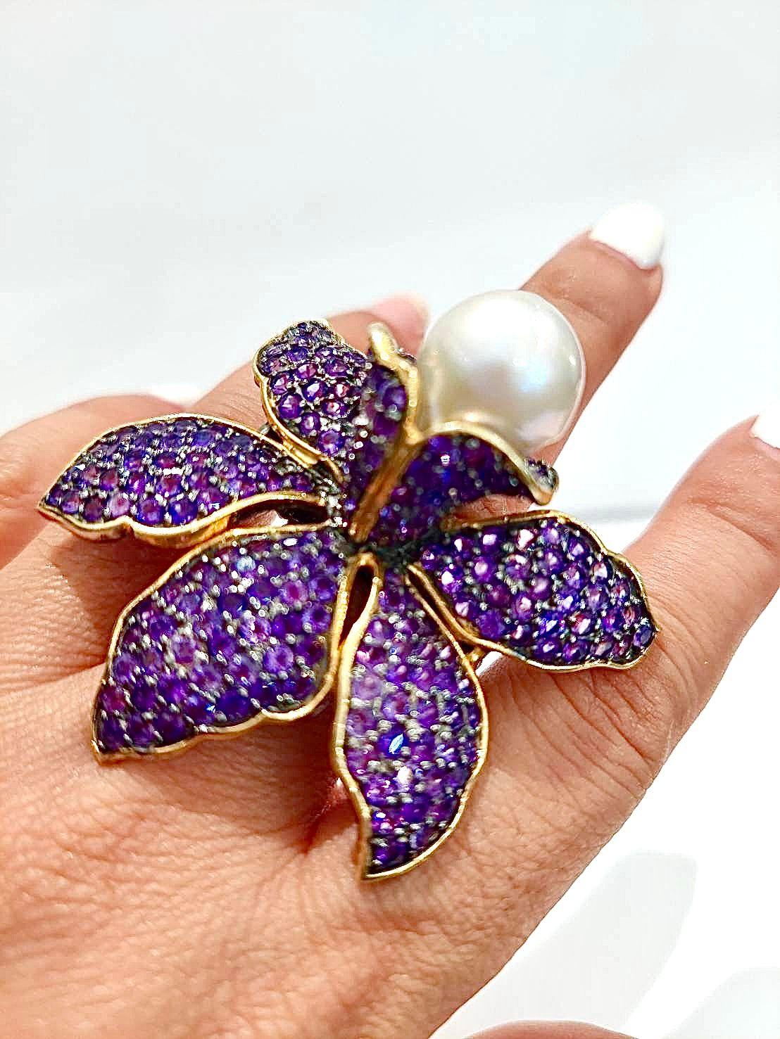 Brilliant Cut Bochic “Orient” Vintage Amethyst & White South Sea Pearl Ring – 18K Gold over Si For Sale