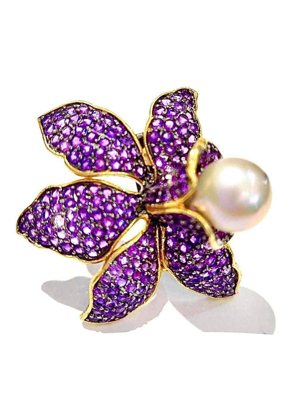 Bochic “Orient” Vintage Amethyst & White South Sea Pearl Ring – 18K Gold over Si For Sale 2