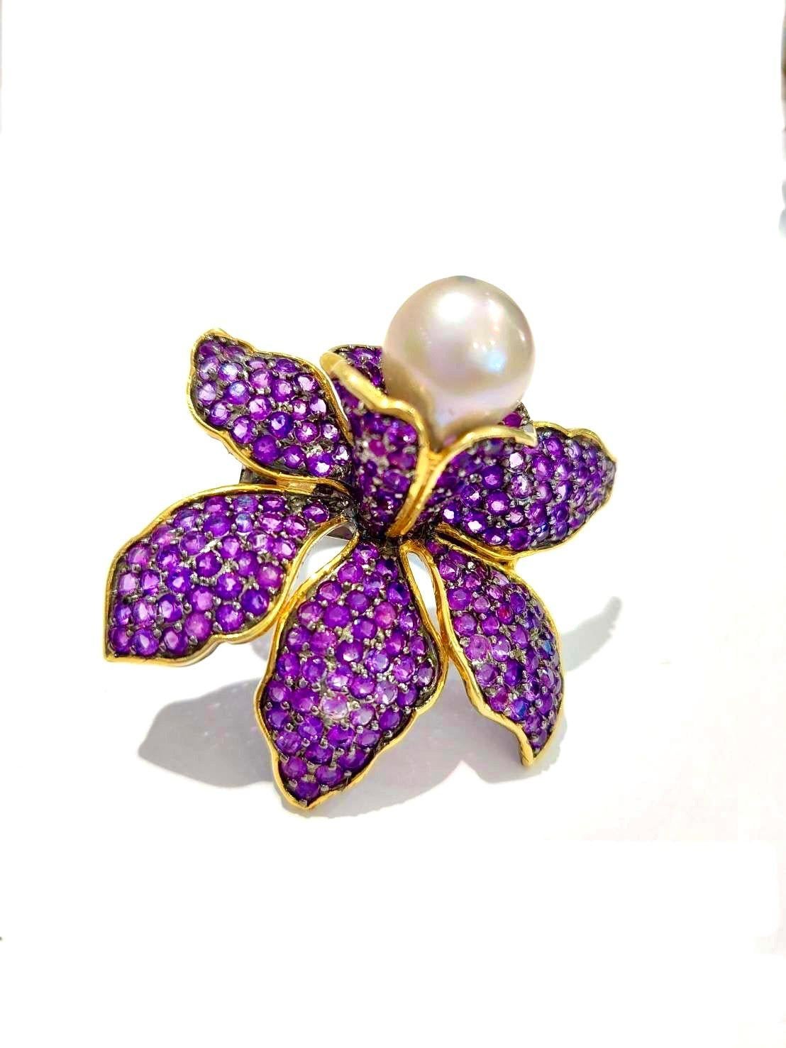 Bochic “Orient” Vintage Amethyst & White South Sea Pearl Ring – 18K Gold over Si For Sale 3