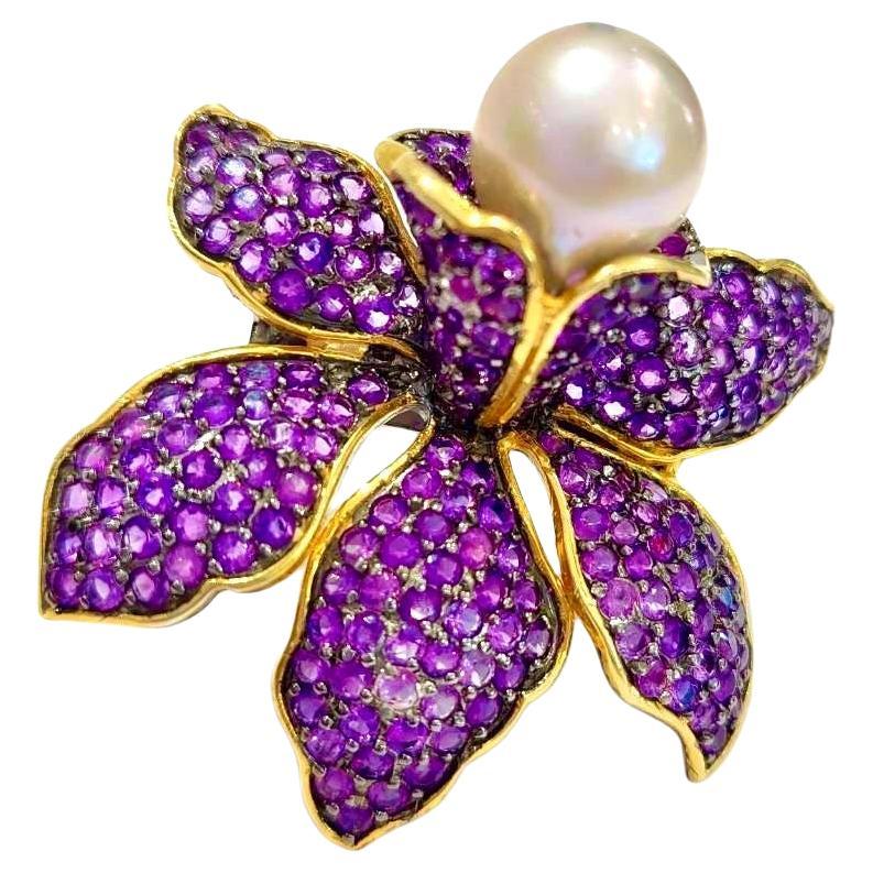 Bochic “Orient” Vintage Amethyst & White South Sea Pearl Ring – 18K Gold over Si For Sale