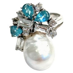Bochic “Orient” Vintage Appetite, Topaz & Pearl Cocktail Ring 18K Gold & Silver