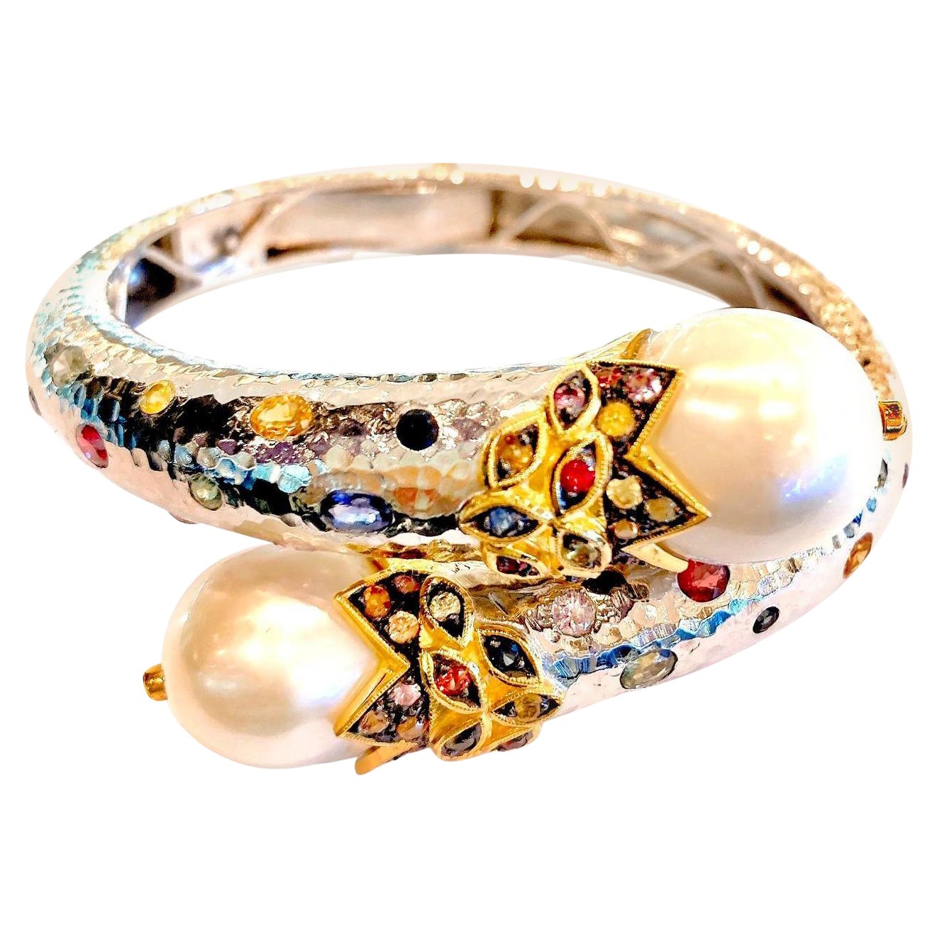 BOCHIC “Orient” Vintage Bangle Set 18K Gold & Silver, Pearls & Sapphires