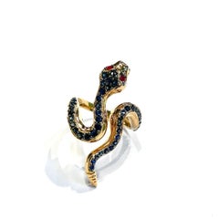 Bochic “Orient” Vintage Black Diamond & Ruby Serpent Ring In 18K Gold & Silver