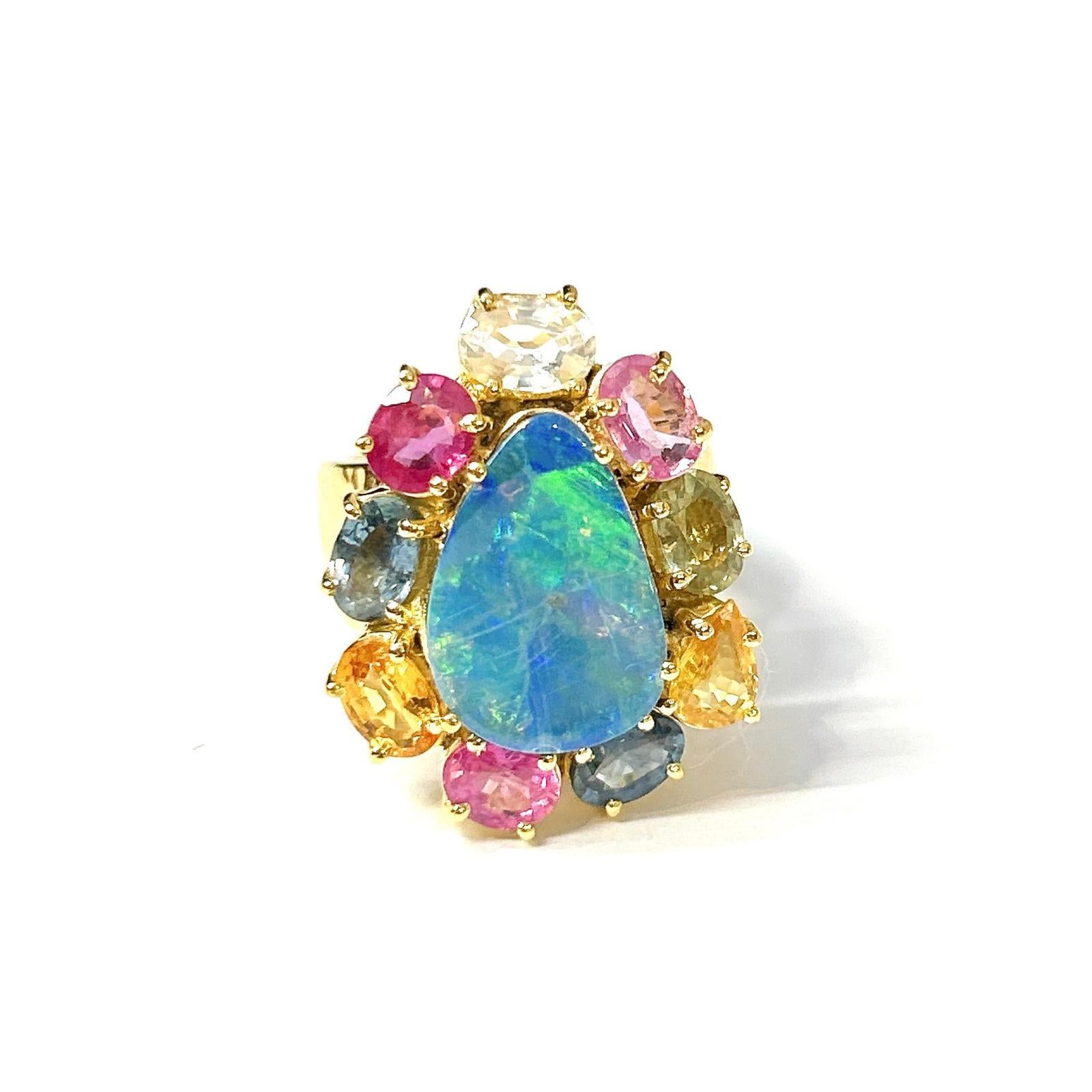Bochic “Orient” Vintage Ruby, Blue Opal & Multi Fancy Sapphire Ring Set In 18K Gold & Silver 

Natural Rubies - 2 carats 
Natural Fancy Color Sapphires  - 6 carats
Blue Opal - 2 carats 

This Ring is from the 