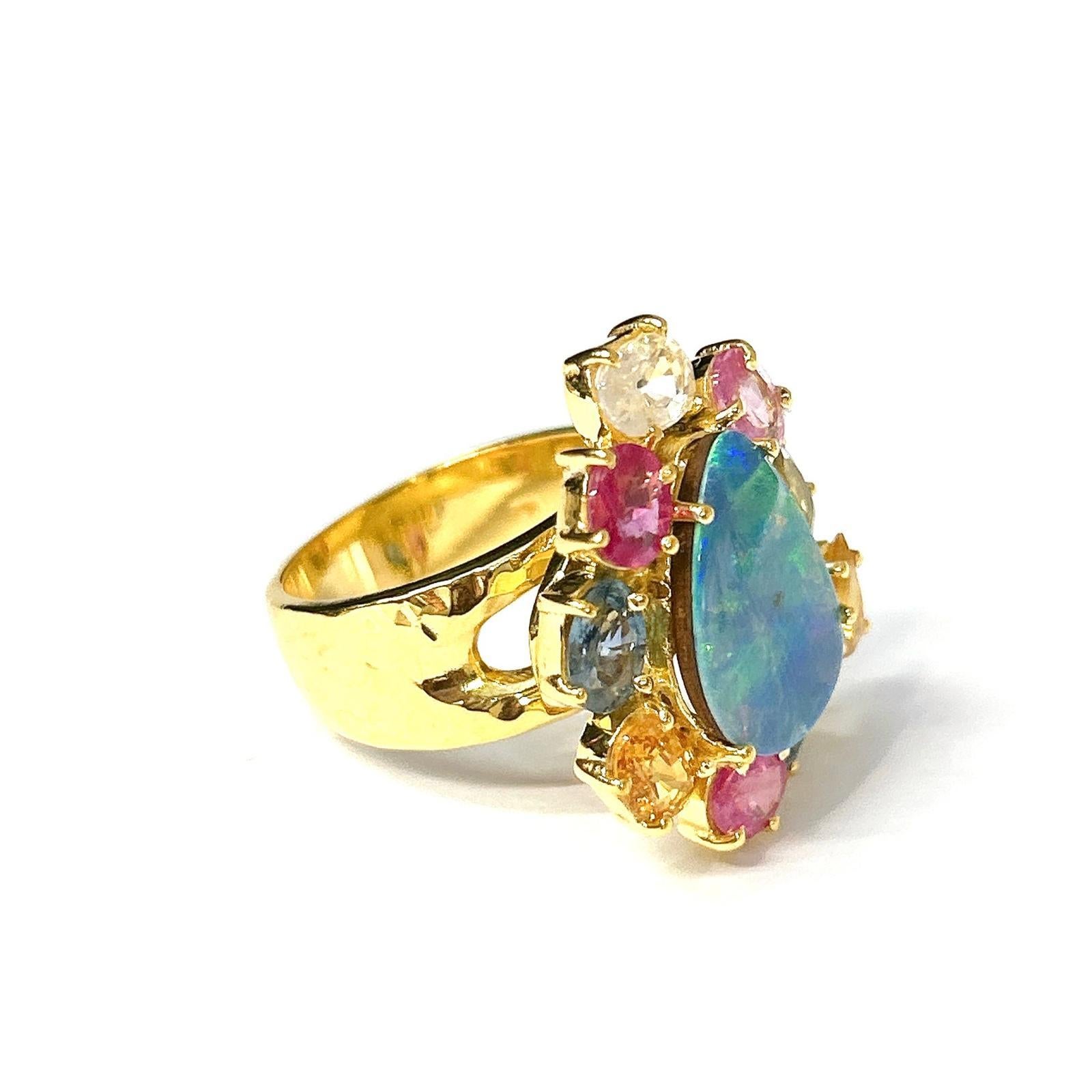 Baroque Bochic “Orient” Vintage Blue Opal & Fancy Sapphire Ring Set In 18K Gold & Silver For Sale