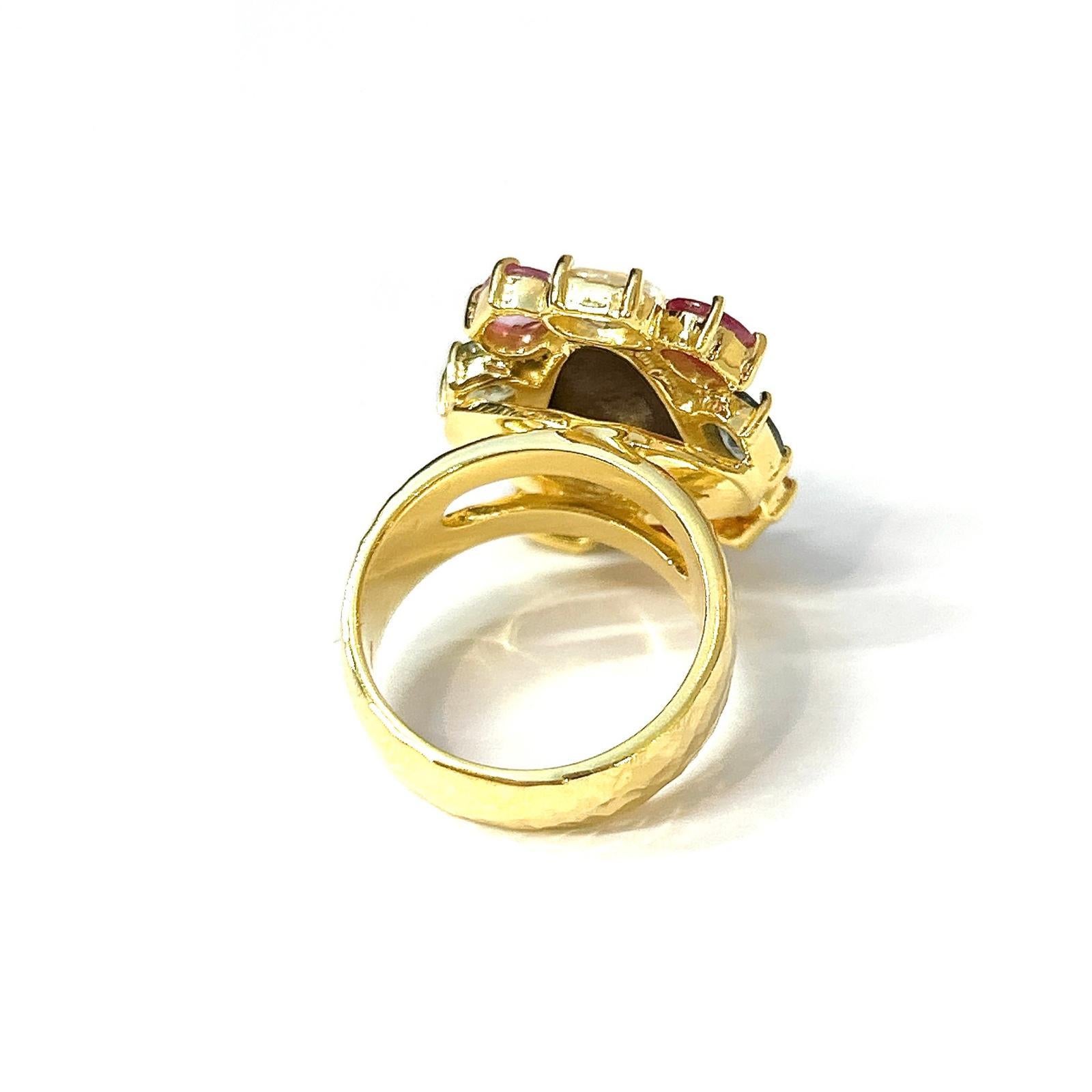 Brilliant Cut Bochic “Orient” Vintage Blue Opal & Fancy Sapphire Ring Set In 18K Gold & Silver For Sale