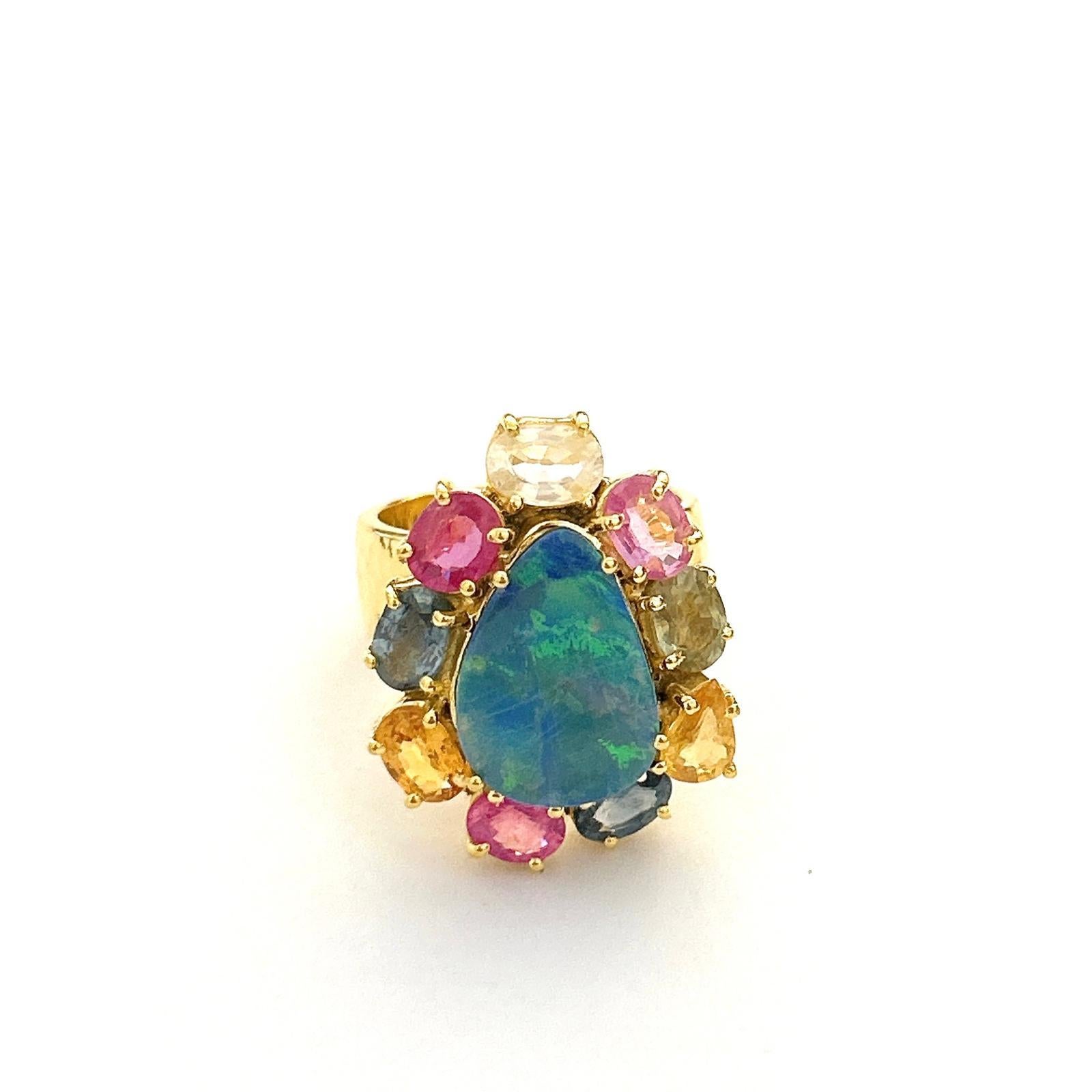 Women's Bochic “Orient” Vintage Blue Opal & Fancy Sapphire Ring Set In 18K Gold & Silver For Sale