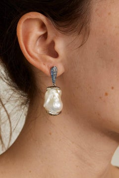 Bochic “Orient” Vintage Blue Sapphire & Pearl Earrings Set 18K Gold & Silver