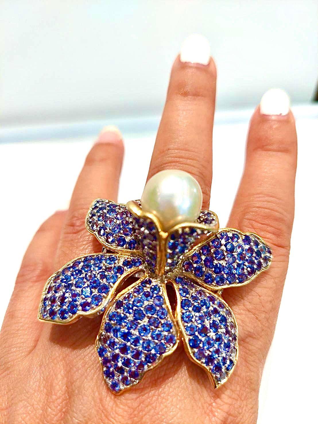 Bochic “Orient” Vintage Blue Sapphire & White Pearl Ring - 18K Gold & Silver For Sale 1