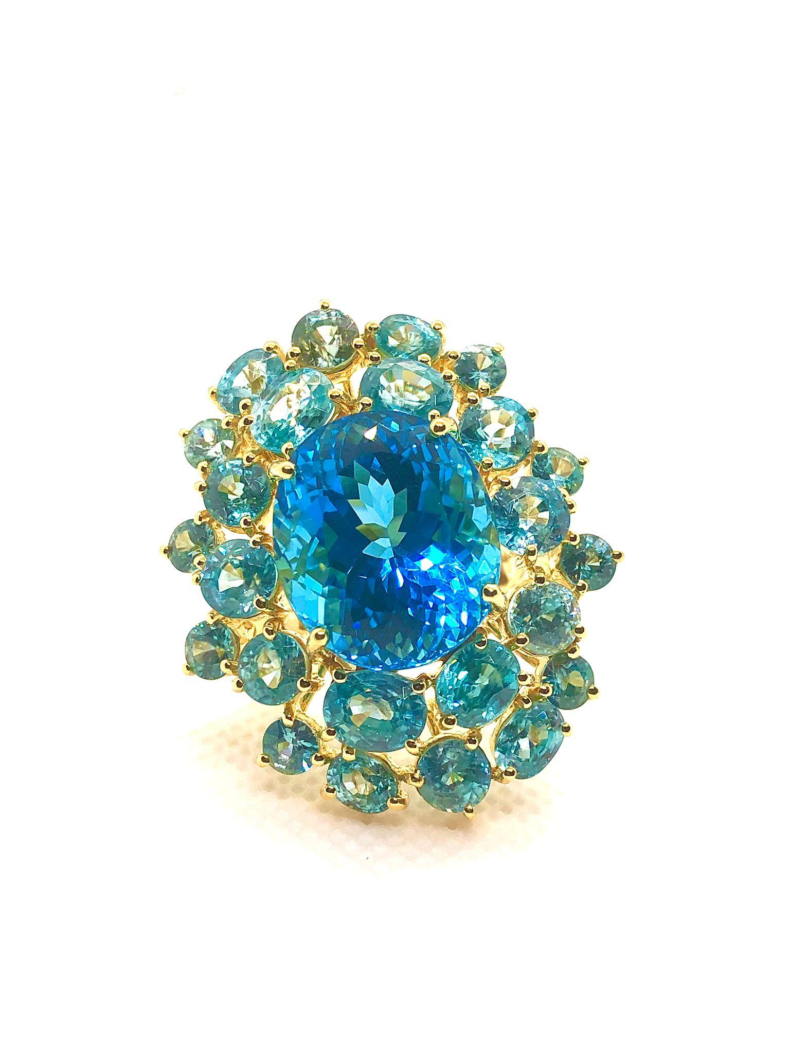Bochic “Orient” Vintage Blue Topaz Cocktail Ring Set In 18K Gold & Silver For Sale 4