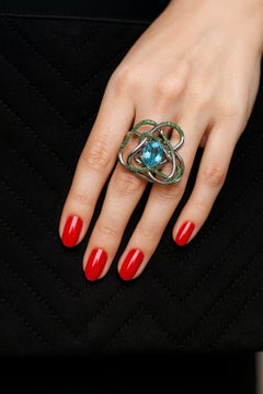 Bochic “Orient” Vintage Blue Topaz & Emeralds Ring Set 18K Gold & Silver