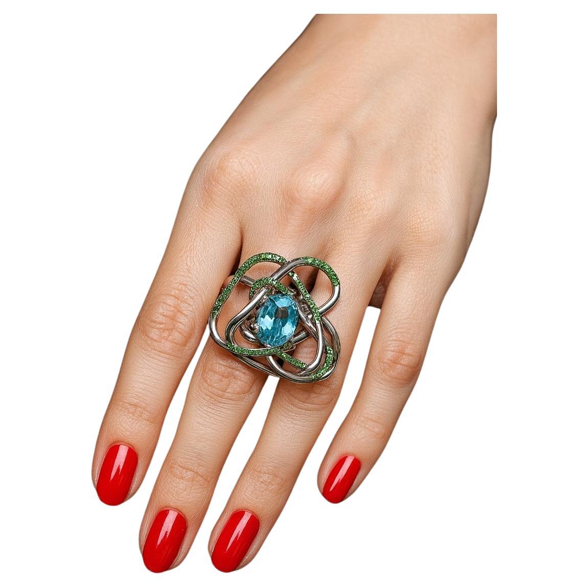 Bochic “Orient” Vintage Blue Topaz 
Emeralds Ring Set 18K Gold 
Silver For Sale