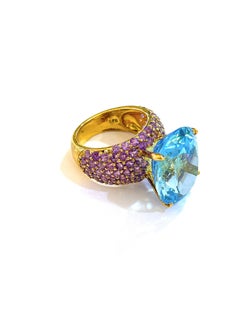 Bochic “Orient” Vintage Blue Topaz & Pink Sapphire Cocktail Ring 18K Gold & Silv