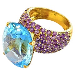 Bochic “Orient” Vintage Blue Topaz & Pink Sapphire Cocktail Ring 18K Gold & Silv