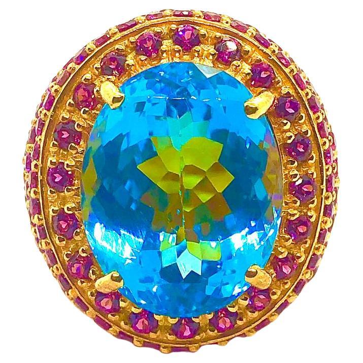 Bochic "Orient" Vintage BlueTopaz & Multi Gem Ring Set Oro e Argento 18K