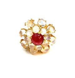 Bochic “Orient” Vintage Bubble Cabochon Ruby & Moon Stone Ring Set 18K Gold & Si