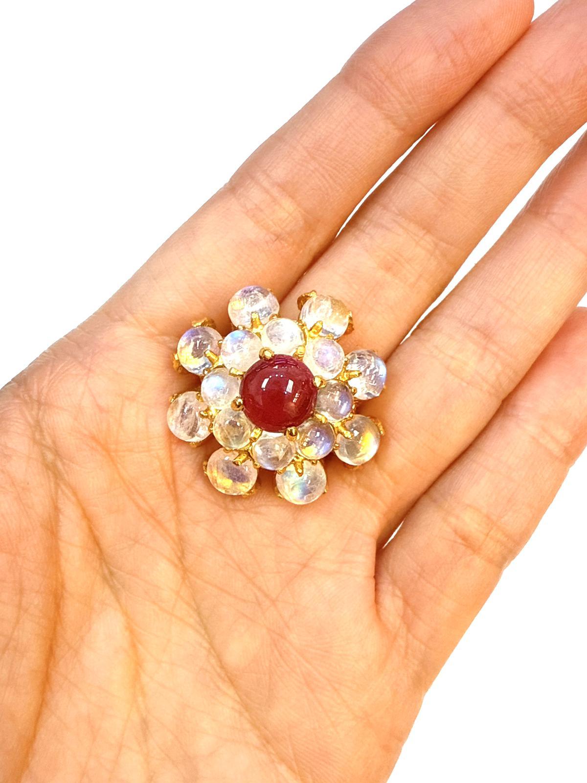 Bochic “Orient” Vintage Bubble Cabochon Ruby & Moon Stone Ring Set 18K Gold & Si For Sale 1
